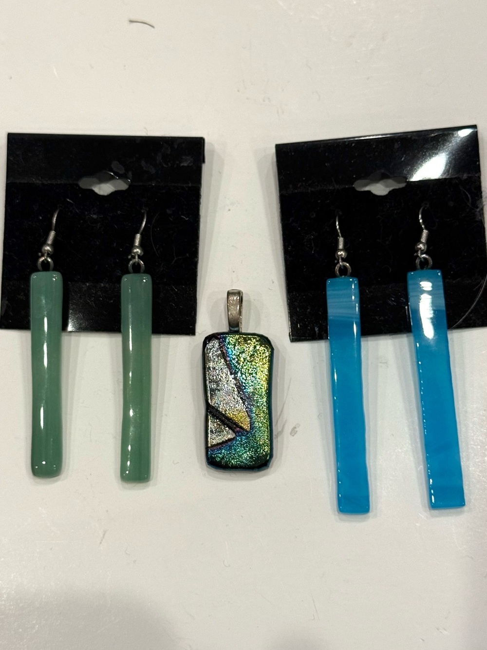 Artisan Fused Glass Pendant Earrings Set Aqua Jade Green Dichroic Handmade